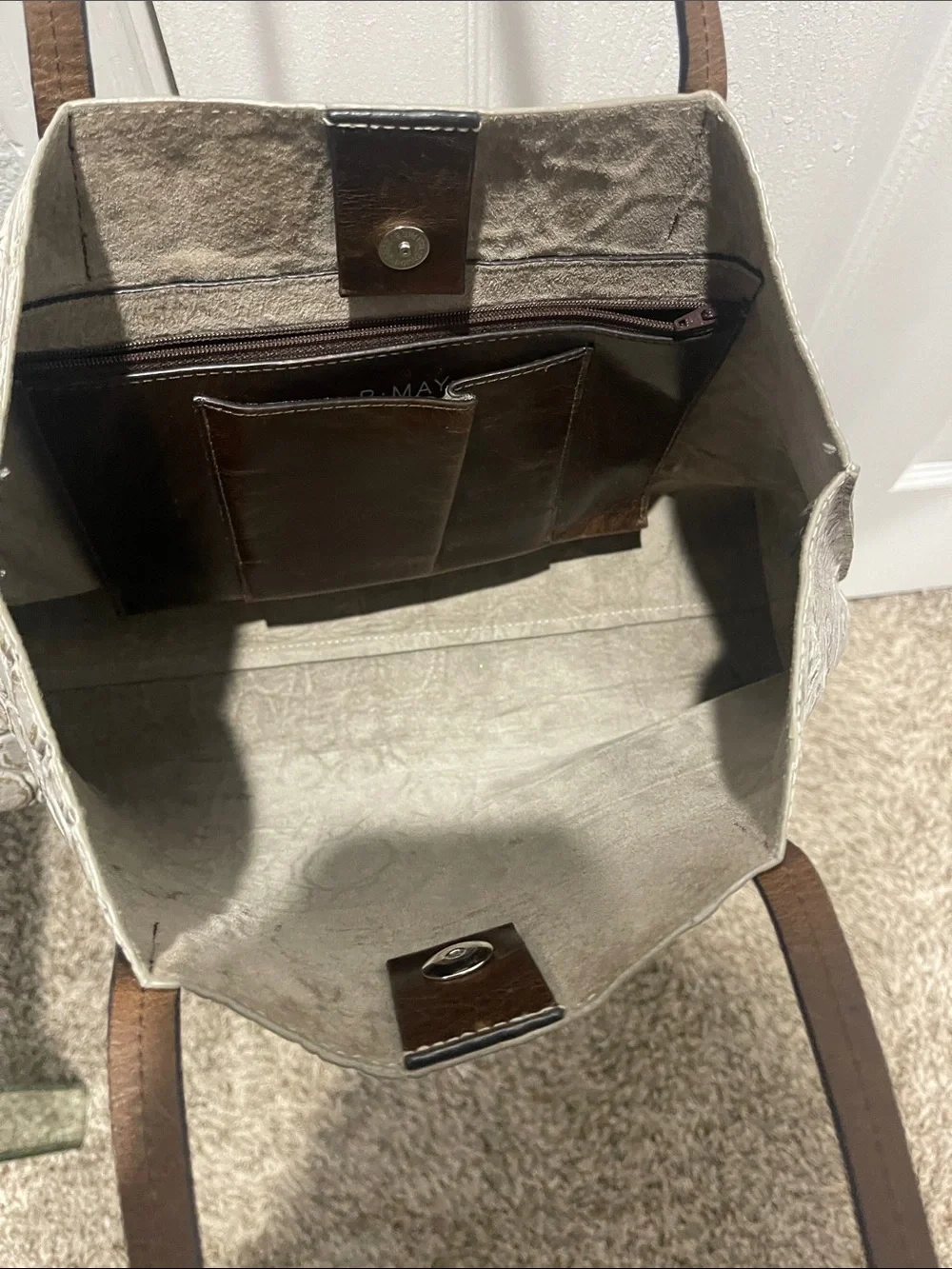 B. May Croc-Embossed Cream Tote with Brown Straps